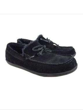 Vionic Adler Slipper Black Suede Moccasin Faux Fur Lined Shoes Mens Size 9.5